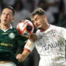 O jogador Fabinho, da SE Palmeiras, disputa bola com o jogador da Portuguesa de Desportos, durante partida válida pela fase de grupos, do Campeonato Paulista, Série A1, na arena Allianz Parque. (Foto: Cesar Greco/Palmeiras/by Canon)