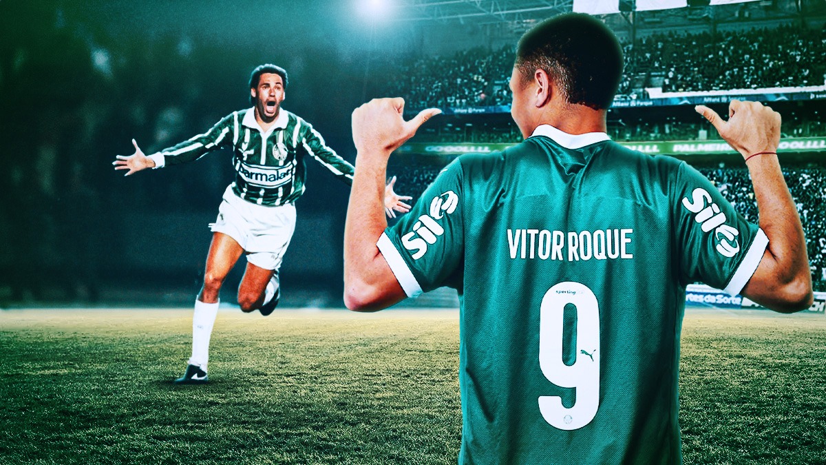 Evair vestiu a camisa 9 do Palmeiras, ocupada agora por Vitor Roque (Arte: Thiago Rocha/NP)