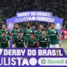 O time da SE Palmeiras, posa para foto em jogo contra a equipe do SC Corinthians P, durante partida válida pelas finais, do Campeonato Paulista, Série A1, na arena Allianz Parque. (Foto: Cesar Greco/Palmeiras/by Canon)