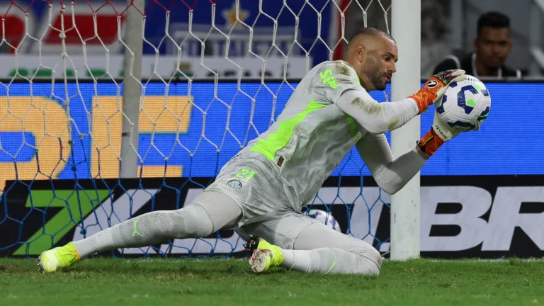 O goleiro Weverton, da SE Palmeiras, em jogo contra a equipe do Fortaleza EC, durante partida válida pela quinta rodada, do Campeonato Brasileiro, Série A, na Arena Castelão. (Foto: Cesar Greco/Palmeiras/by Canon)