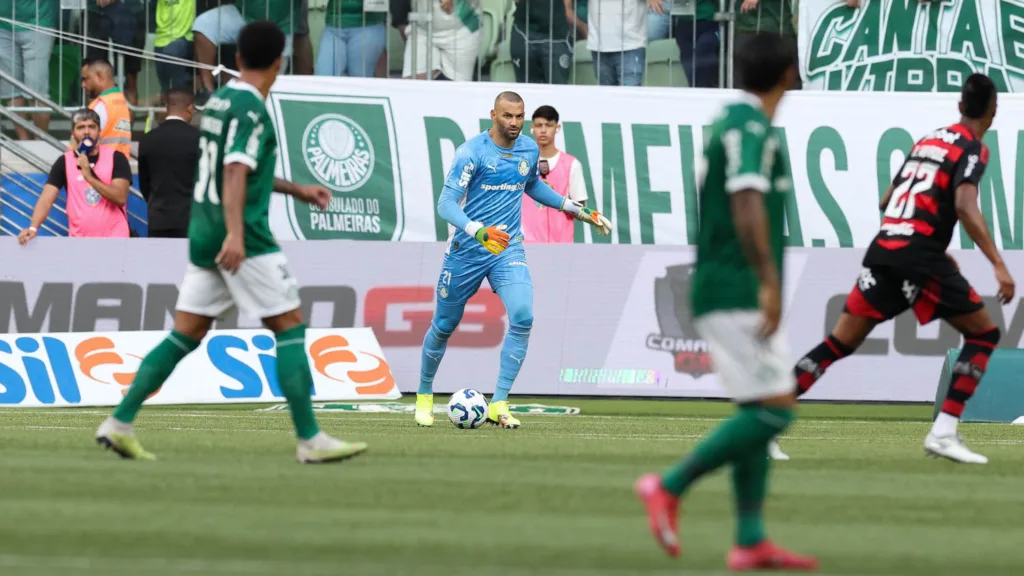 O goleiro Weverton, da SE Palmeiras, em jogo contra a equipe do CR Flamengo, durante partida válida pela décima rodada, do Campeonato Brasileiro, Série A, na arena Allianz Parque. (Foto: Cesar Greco/Palmeiras/by Canon)