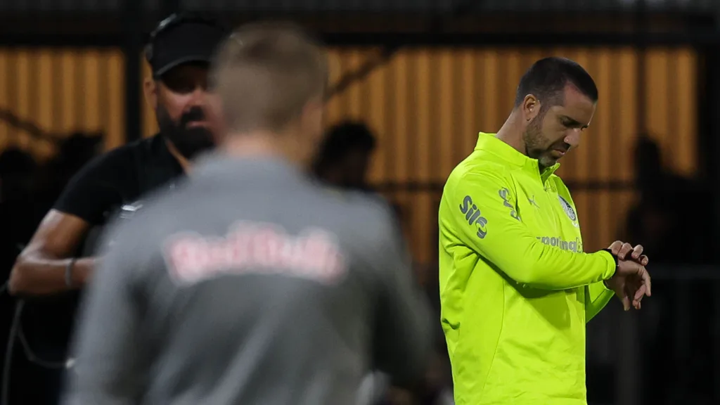 O preparador físico João Martins, da SE Palmeiras, em jogo contra a equipe do Red Bull Bragantino, durante partida válida pela nona rodada, do Campeonato Brasileiro, Série A, no Estádio Cicero de Souza Marques. (Foto: Cesar Greco/Palmeiras/by Canon)