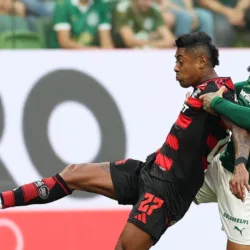 O jogador Gustavo Gómez, da SE Palmeiras, disputa bola com o jogador do CR Flamengo, durante partida válida pela décima rodada, do Campeonato Brasileiro, Série A, na arena Allianz Parque. (Foto: Cesar Greco/Palmeiras/by Canon)