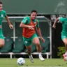 Os jogadores Benedetti, Vitor Roque e Felipe Anderson (E/D), da SE Palmeiras, durante treinamento, na Academia de Futebol. (Foto: Cesar Greco/Palmeiras/by Canon)