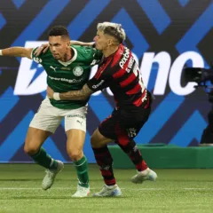 O jogador Paulinho, da SE Palmeiras, disputa bola com o jogador do CR Flamengo, durante partida válida pela décima rodada, do Campeonato Brasileiro, Série A, na arena Allianz Parque. (Foto: Cesar Greco/Palmeiras/by Canon)

