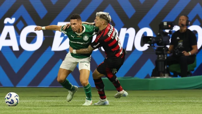 O jogador Paulinho, da SE Palmeiras, disputa bola com o jogador do CR Flamengo, durante partida válida pela décima rodada, do Campeonato Brasileiro, Série A, na arena Allianz Parque. (Foto: Cesar Greco/Palmeiras/by Canon)
