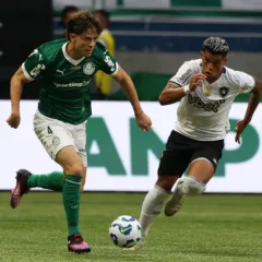 O jogador Agustín Giay, da SE Palmeiras, disputa bola com o jogador do Botafogo FR, durante partida válida pela primeira rodada, do Campeonato Brasileiro, Série A, na arena Allianz Parque. (Foto: Cesar Greco/Palmeiras/by Canon)