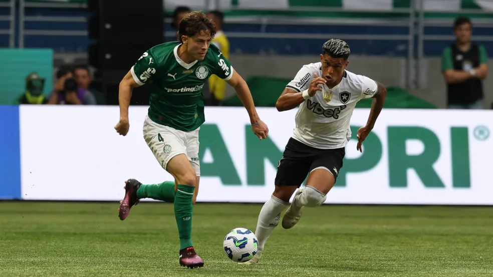 O jogador Agustín Giay, da SE Palmeiras, disputa bola com o jogador do Botafogo FR, durante partida válida pela primeira rodada, do Campeonato Brasileiro, Série A, na arena Allianz Parque. (Foto: Cesar Greco/Palmeiras/by Canon)