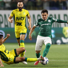 O jogador Raphael Veiga, da SE Palmeiras, disputa bola com o jogador do Mirassol FC, durante partida válida pela décima quarta rodada, do Campeonato Brasileiro, Série A, na arena Allianz Parque. (Foto: Cesar Greco/Palmeiras/by Canon)