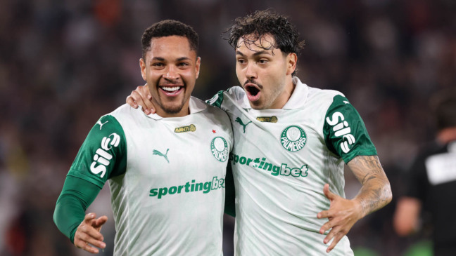 O jogador Vitor Roque, da SE Palmeiras, comemora seu gol contra a equipe do Fluminense FC, durante partida válida pela décima sexta rodada, do Campeonato Brasileiro, Série A, no Estádio Maracanã. (Foto: Cesar Greco/Palmeiras/by Canon)