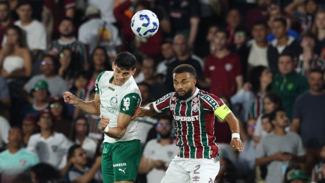 O jogador Ramón Sosa, da SE Palmeiras, disputa bola com o jogador do Fluminense FC, durante partida válida pela décima sexta rodada, do Campeonato Brasileiro, Série A, no Estádio Maracanã. (Foto: Cesar Greco/Palmeiras/by Canon)