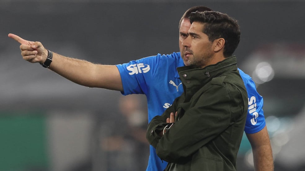 O técnico Abel Ferreira o preparador físico João Martins (E), da SE Palmeiras, em jogo contra a equipe do Botafogo FR, durante partida válida pela vigésima rodada, do Campeonato Brasileiro, Série A, no Esteadio Nilton Santos. (Foto: Cesar Greco/Palmeiras/by Canon)