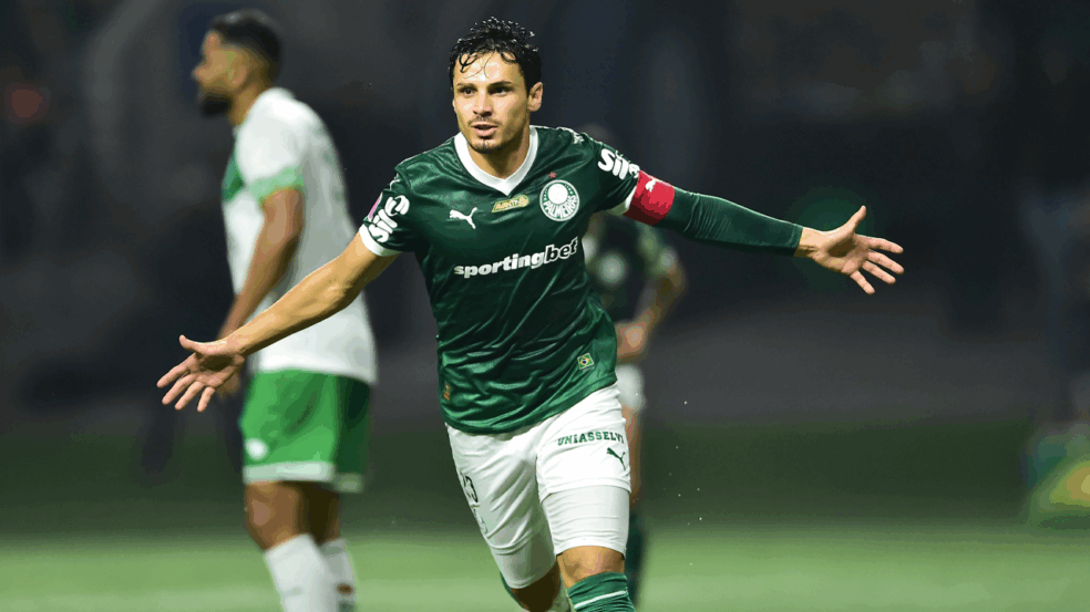 Raphael Veiga comemorando seu gol pelo Palmeiras. Foto: Staff Images/Allianz Parque