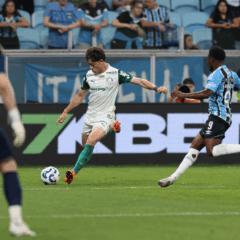 O jogador Agustín Giay, da SE Palmeiras, disputa bola com o jogador do Grêmio FBPA, durante partida válida pela trigésima sexta rodada, do Campeonato Brasileiro, Série A, na Arena do Grêmio. (Foto: Cesar Greco/Palmeiras/by Canon)
