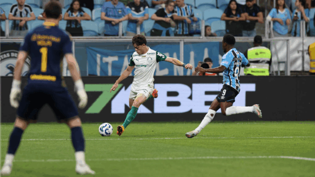 O jogador Agustín Giay, da SE Palmeiras, disputa bola com o jogador do Grêmio FBPA, durante partida válida pela trigésima sexta rodada, do Campeonato Brasileiro, Série A, na Arena do Grêmio. (Foto: Cesar Greco/Palmeiras/by Canon)

