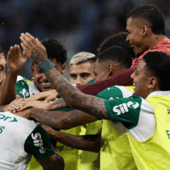 O jogador Facundo Torres, da SE Palmeiras, comemora seu gol contra a equipe do Grêmio FBPA, durante partida válida pela trigésima sexta rodada, do Campeonato Brasileiro, Série A, na Arena do Grêmio. (Foto: Cesar Greco/Palmeiras/by Canon)

