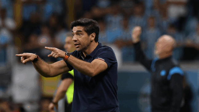 O técnico Abel Ferreira, da SE Palmeiras, em jogo contra a equipe do Grêmio FBPA, durante partida válida pela trigésima sexta rodada, do Campeonato Brasileiro, Série A, na Arena do Grêmio. (Foto: Cesar Greco/Palmeiras/by Canon)
