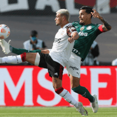 O jogador Gustavo Gómez, da SE Palmeiras, disputa bola com o jogador De Arrascaeta, do CR Flamengo, durante partida final, da Copa Libertadores, no Estádio Centenário. (Foto: Cesar Greco)

