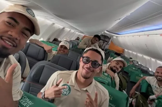 Elenco do Palmeiras em avião para Lima para final da Libertadores (Foto: Divulgação)
