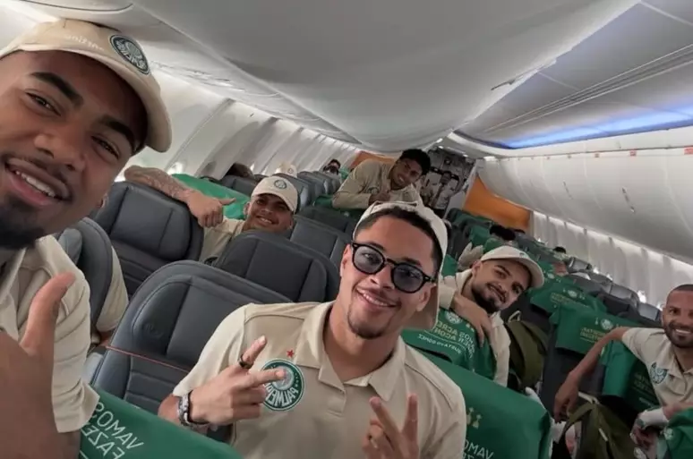 Elenco do Palmeiras em avião para Lima para final da Libertadores (Foto: Divulgação)

