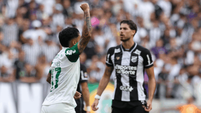 O jogador Facundo Torres, da SE Palmeiras, comemora seu gol contra a equipe do Ceará SC, durante partida válida pela trigésima oitava rodada, do Campeonato Brasileiro, Série A, na Arena Castelão. (Foto: Cesar Greco/Palmeiras/by Canon)
