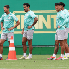 Os jogadores Mauricio, Arthur, Lucas Evangelista, Luis Pacheco e Luighi (E/D), da SE Palmeiras, durante treinamento, na Academia de Futebol. (Foto: Cesar Greco/Palmeiras/by Canon)
