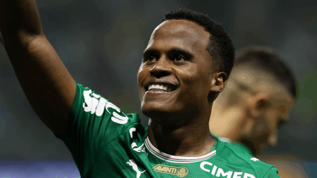 O jogador Jhon Arias, da SE Palmeiras, comemora seu gol contra a equipe do Botafogo FR, durante partida válida pela sétima rodada, do Campeonato Brasileiro, Série A, na arena Allianz Parque. (Foto: Cesar Greco/Palmeiras/by Canon)
