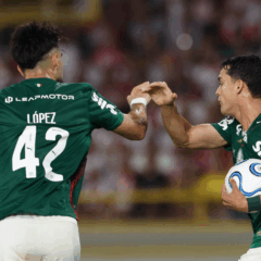 O jogador Ram&oacute;n Sosa, da SE Palmeiras, comemora seu gol contra a equipe do Junior FC, durante partida v&aacute;lida pela fase de grupos, da Conmebol Libertadores, no Est&aacute;dio Jaime Mor&oacute;n Le&oacute;n. (Foto: Cesar Greco/Palmeiras/by Canon)
