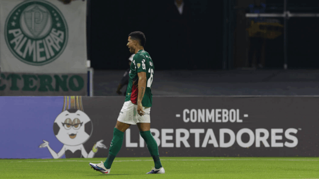 O jogador Murilo, da SE Palmeiras, comemora seu gol contra a equipe do C Sporting Cristal, durante partida válida pela fase de grupos, da Conmebol Libertadores, na arena Allianz Parque. (Foto: Cesar Greco/Palmeiras/by Canon)
