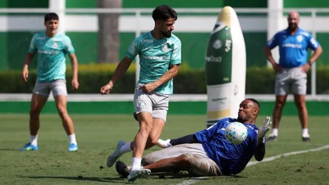 Equipe do Palmeiras durante treinamento na Academia de Futebol, em São Paulo (Foto: Cesar Greco)