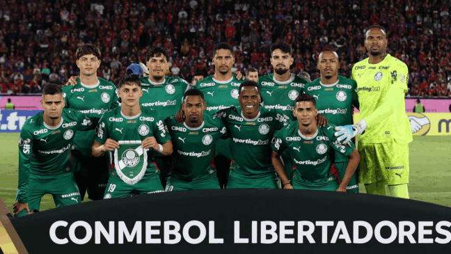 O time da SE Palmeiras, posa para foto em jogo contra a equipe do C Cerro Porteño, durante partida válida pela fase de grupos, da Conmebol Libertadores, no Estádio La Nueva Olla. (Foto: Cesar Greco/Palmeiras/by Canon)
