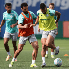 Os jogadores Felipe Anderson e Paulinho (D), da SE Palmeiras, durante treinamento, na Academia de Futebol. (Foto: Cesar Greco/Palmeiras/by Canon)
