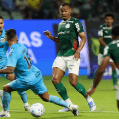 O jogador Marlon Freitas, da SE Palmeiras, disputa bola com o jogador do Santos FC, durante partida v&aacute;lida pela d&eacute;cima quarta rodada, do Campeonato Brasileiro, S&eacute;rie A, na arena Allianz Parque. (Foto: Cesar Greco/Palmeiras/by Canon)
