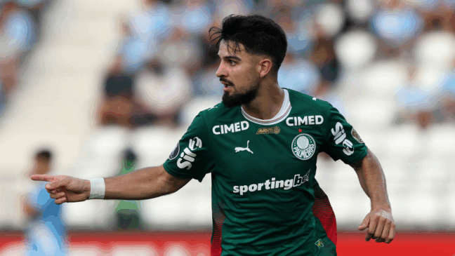 O jogador Flaco López, da SE Palmeiras, comemora seu gol contra a equipe do C Sporting Cristal, durante partida válida pela fase de grupos, da Conmebol Libertadores, no Estádio Alejandro Villanueva. (Foto: Cesar Greco/Palmeiras/by Canon)
