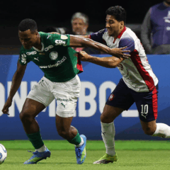 O jogador Jhon Arias, da SE Palmeiras, disputa bola com o jogador do C Cerro Porte&ntilde;o, durante partida v&aacute;lida pela fase de grupos, da Conmebol Libertadores, na arena Allianz Parque. (Foto: Cesar Greco/Palmeiras/by Canon)
