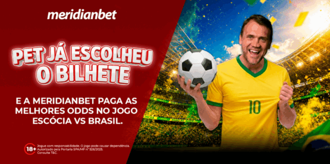 Pet já escolheu o bilhete, e a Meridianbet paga as melhores odds no jogo Escócia e Brasil