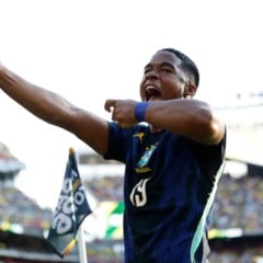 Endrick comemorando seu gol pela Sele&ccedil;&atilde;o Brasileira. Foto: Rafael Ribeiro/CBF