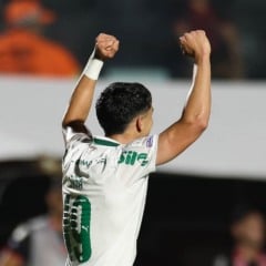 O jogador Ram&oacute;n Sosa, da SE Palmeiras, comemora seu gol contra a equipe do EC Vit&oacute;ria, durante partida v&aacute;lida pela vig&eacute;sima primeira rodada, do Campeonato Brasileiro, S&eacute;rie A, no Est&aacute;dio Barrad&atilde;o. (Foto: Cesar Greco/Palmeiras/by Canon)
