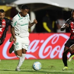 O jogador Allan, da SE Palmeiras, disputa bola com o jogador do EC Vit&oacute;ria, durante partida v&aacute;lida pela vig&eacute;sima primeira rodada, do Campeonato Brasileiro, S&eacute;rie A, no Est&aacute;dio Barrad&atilde;o. (Foto: Cesar Greco/Palmeiras/by Canon)
