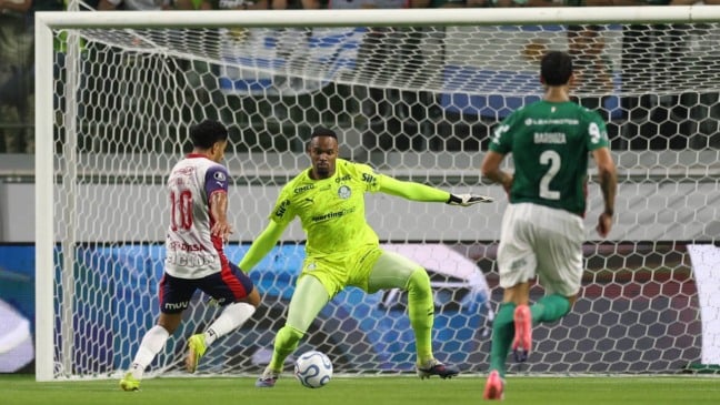 O goleiro Carlos Miguel, da SE Palmeiras, em jogo contra a equipe do C Cerro Porteño, durante partida válida pelas oitavas de final, ida, da Conmebol Libertadores, na arena Nubank Parque. (Foto: Cesar Greco/Palmeiras/by Canon)
