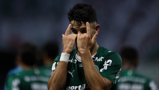 O jogador Flaco López, da SE Palmeiras, comemora seu gol contra a equipe do CR Vasco da Gama, durante partida válida pela vigésima quarta rodada, do Campeonato Brasileiro, Série A, na arena Nubank Parque. (Foto: Cesar Greco/Palmeiras/by Canon)

