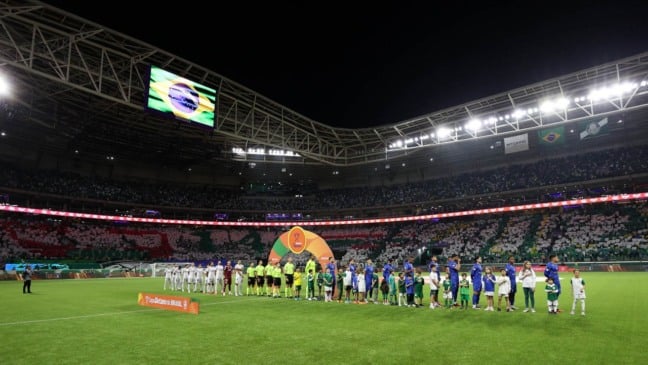 O time da SE Palmeiras, em jogo contra a equipe do Santos FC, durante partida válida pelas quartas de final, volta, da Copa do Brasil, na arena Nubank Parque. (Foto: Cesar Greco/Palmeiras/by Canon)
