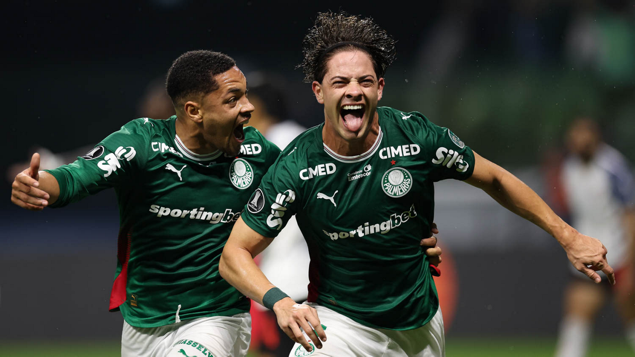 O jogador Agustín Giay, da SE Palmeiras, comemora seu gol contra a equipe da Liga Desportiva Universitaria, durante partida válida pelas quartas de final, ida, da Conmebol Libertadores, na arena Nubank Parque. (Foto: Cesar Greco/Palmeiras/by Canon)
O jogador Agustín Giay, da SE Palmeiras, comemora seu gol contra a equipe da Liga Desportiva Universitaria, durante partida válida pelas quartas de final, ida, da Conmebol Libertadores, na arena Nubank Parque. (Foto: Cesar Greco/Palmeiras/by Canon)