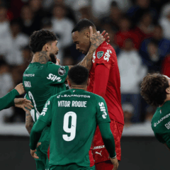 O goleiro Carlos Miguel, da SE Palmeiras, comemora defesa de p&ecirc;nalti em jogo contra a equipe da Liga Desportiva Universitaria, durante partida v&aacute;lida pelas quartas de final, volta, da Conmebol Libertadores, no Est&aacute;dio Rodrigo Paz Delgado. (Foto: Cesar Greco/Palmeiras/by Canon)
