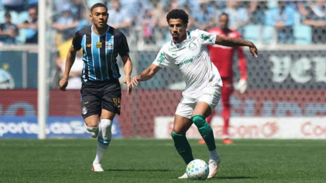 O meio-campista Lucas Evangelista durante o duelo com o Grêmio, pelo Campeonato Brasileiro (Foto: Cesar Greco/Palmeiras/by Canon)
