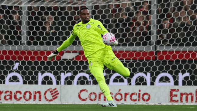 O goleiro Carlos Miguel, da SE Palmeiras, em jogo contra a equipe do C Athletico Paranaense, durante partida válida pela trigésima primeira rodada, do Campeonato Brasileiro, Série A, na Arena da Baixada. (Foto: Cesar Greco/Palmeiras/by Canon)
