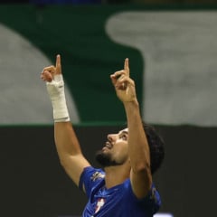 Flaco L&oacute;pez comemorando seu gol pelo Palmeiras. Foto: C&eacute;sar Greco/Palmeiras.