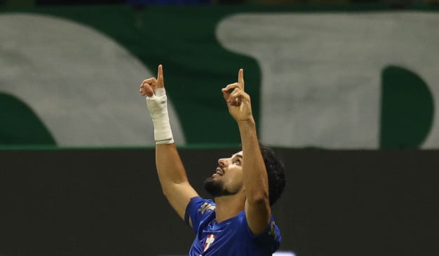 Flaco López comemorando seu gol pelo Palmeiras. Foto: César Greco/Palmeiras.