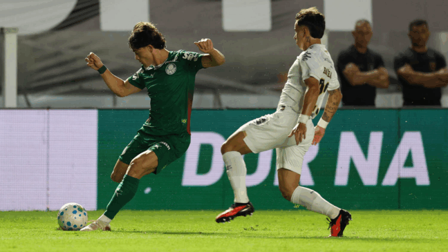 O jogador Agustín Giay, da SE Palmeiras, disputa bola com o jogador do Santos FC, durante partida válida pela trigésima terceira rodada, do Campeonato Brasileiro, Série A, no Estádio Vila Belmiro. (Foto: Cesar Greco/Palmeiras/by Canon)
