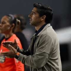 O t&eacute;cnico Abel Ferreira, da SE Palmeiras, em jogo contra a equipe do Santos FC, durante partida v&aacute;lida pela trig&eacute;sima terceira rodada, do Campeonato Brasileiro, S&eacute;rie A, no Est&aacute;dio Vila Belmiro. (Foto: Cesar Greco/Palmeiras/by Canon)
